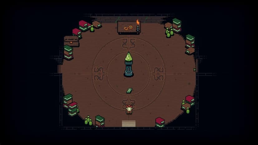 Adventurer standing in a circular pixel art dungeon chamber with a central glowing green crystal and books.