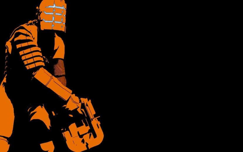 Isaac Clarke in his engineering suit holding a plasma cutter against a stark black background.