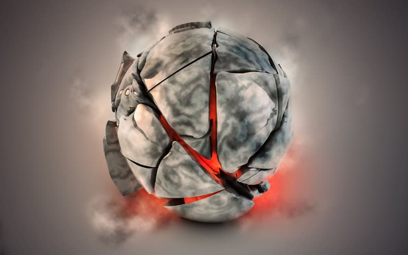 Fractured stone sphere with glowing red lava veins and thin smoke trails against a dark atmospheric backdrop.