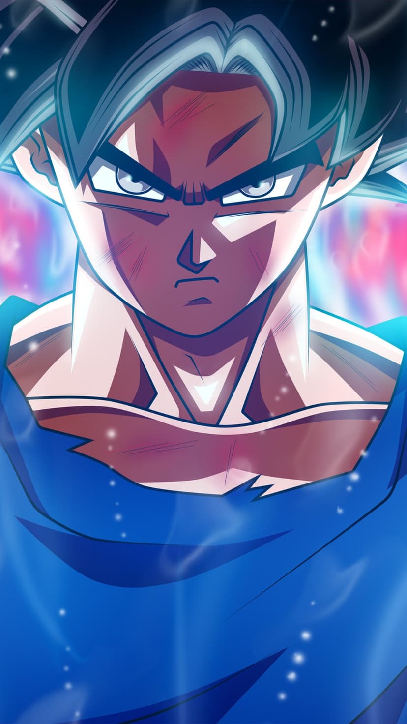 Goku with silver-streaked hair stands amidst a swirling blue and magenta aura against a dark background.