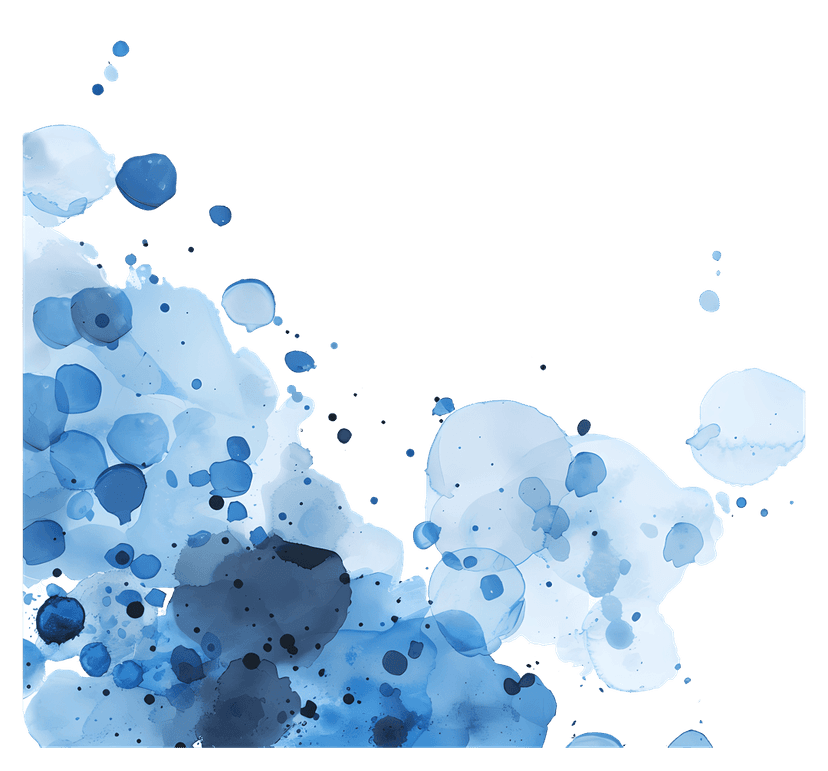 Blue watercolor splashes feature organic indigo pigment stains and translucent paint splatters on a white base.