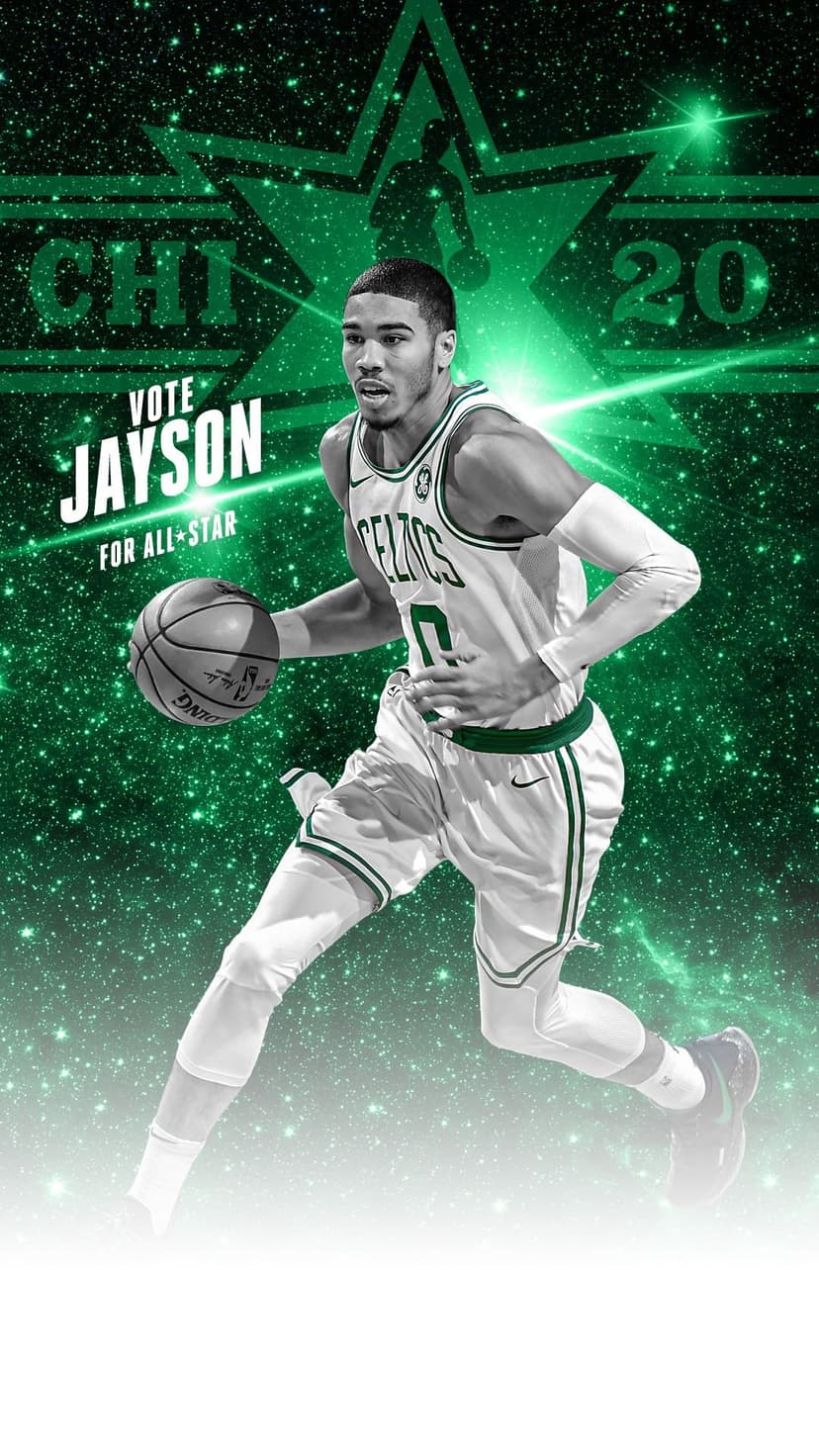 Jayson Tatum in a Celtics jersey dribbles a basketball against a glowing green backdrop with All-Star text.