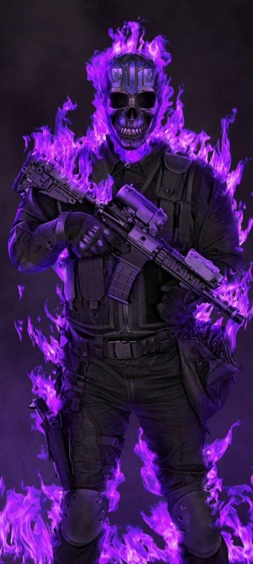 Soldier wearing tactical gear and a purple flaming skull mask holds an assault rifle in smoky darkness.