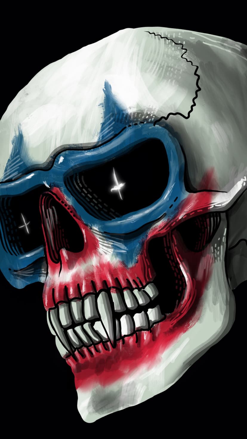 Grinning skull with red and blue clown face paint, cracked bone, and glowing white crosses in its dark eye sockets.