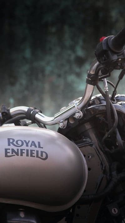 Royal Enfield Motorcycle Tank and Handlebars Close-Up