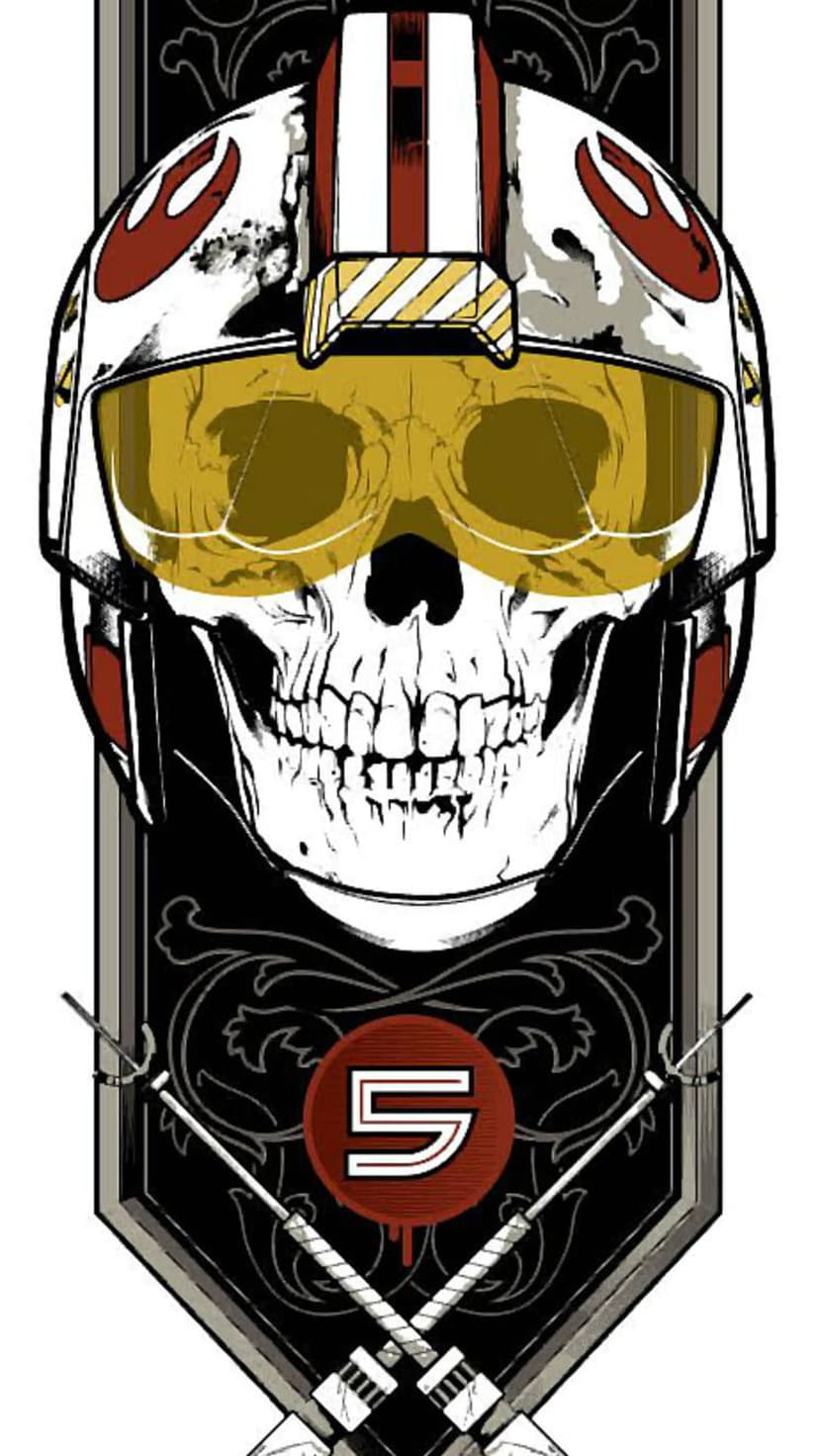Human skull wearing a white and red Rebel Alliance flight helmet with yellow goggles and crossed sabers below.