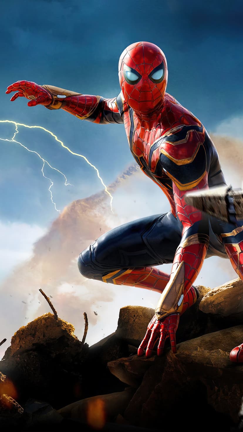 Spider-Man crouches on broken concrete as a bright bolt of lightning flashes across a dark and cloudy evening sky.