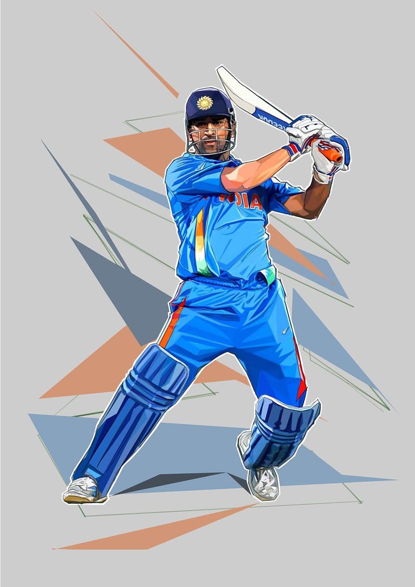 Cricketer in a blue Indian uniform raising a bat against an abstract geometric background with orange shards.