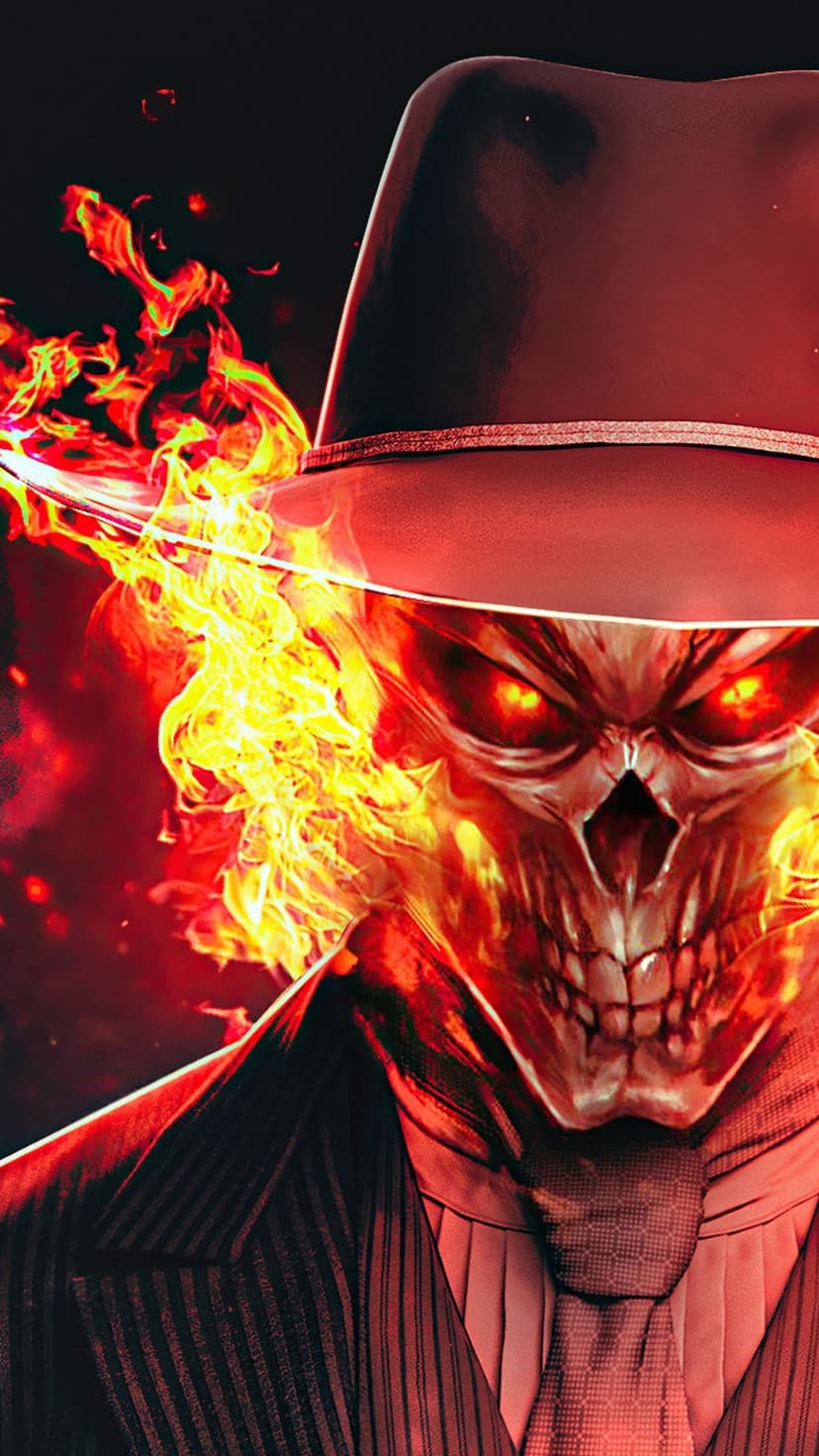 Burning skull wearing a black fedora and pinstripe suit with glowing eyes against a dark, smoky background.