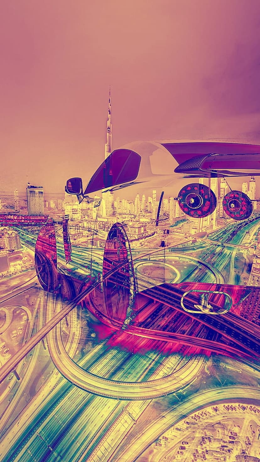 Levitating car hovers above neon highways and the Burj Khalifa skyline in a vibrant surreal metropolis.