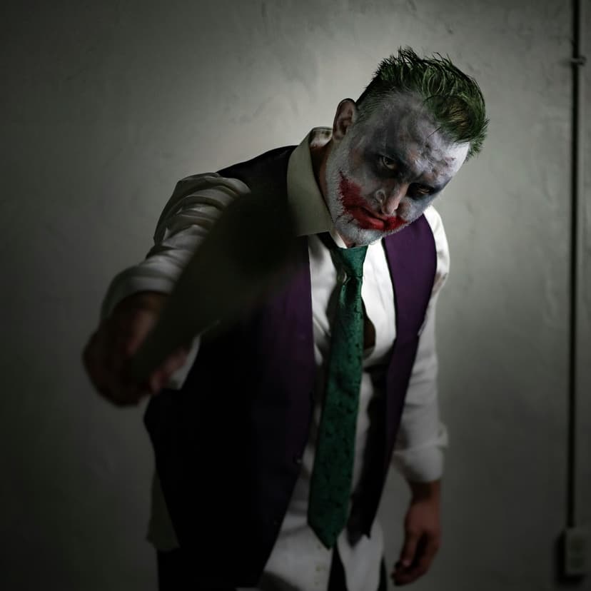 Joker cosplayer with green hair and a red smile holds a knife toward the lens under dramatic low-key lighting.