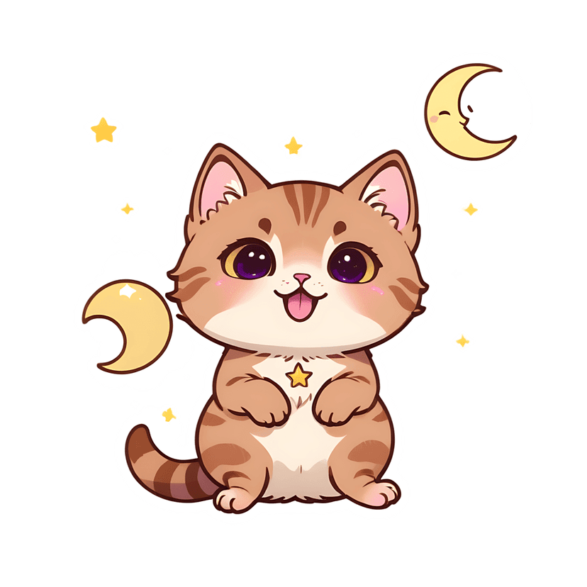 Brown tabby kitten sticker illustration with purple eyes and a gold star charm surrounded by crescent moons.