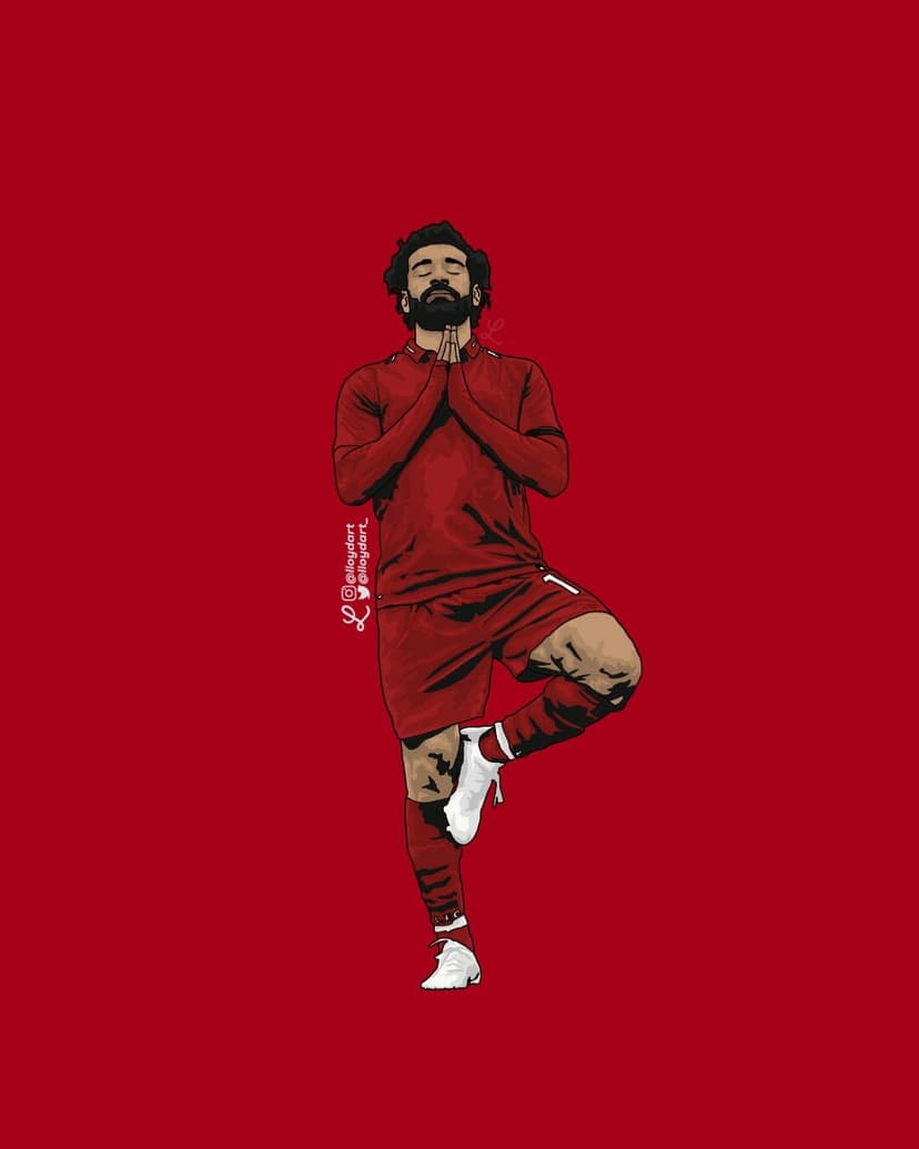 Mohamed Salah in a red soccer kit stands in a yoga tree pose with closed eyes against a deep red background.