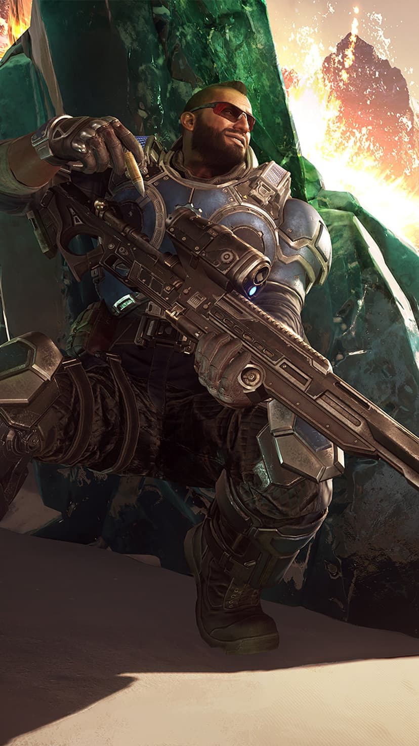 Armored soldier with a sniper rifle leans against green crystals under a warm fiery sunset light.