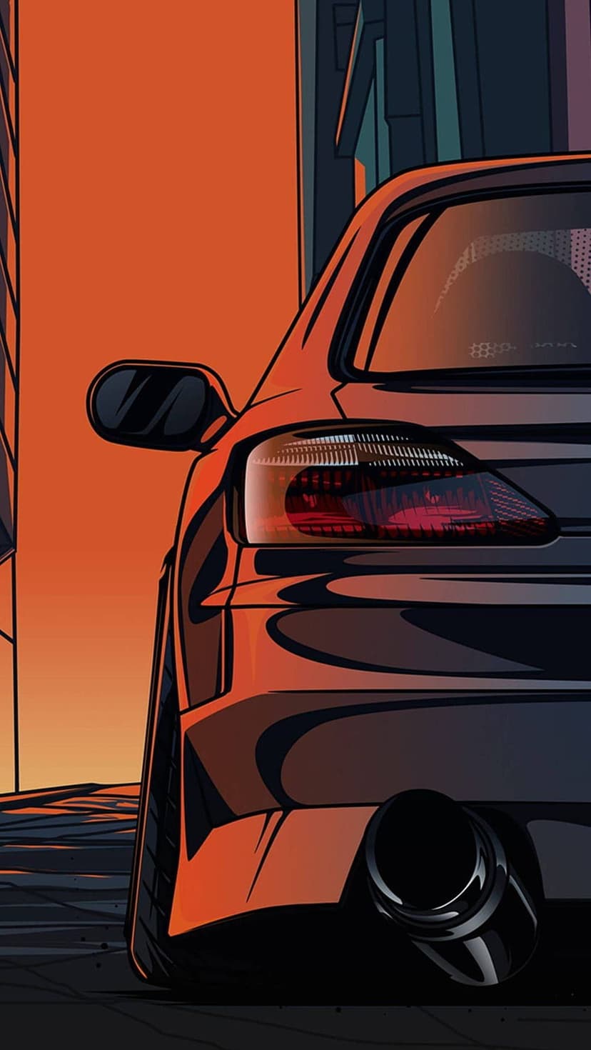 Rear view of a dark sports car with a glowing red tail light and exhaust pipe under a vibrant orange sunset sky.
