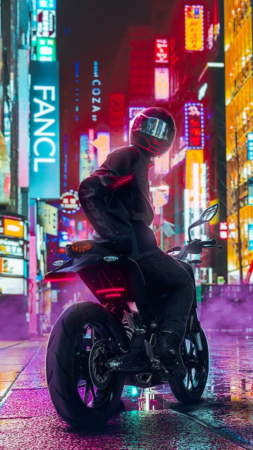 Motorcyclist with a red visor looking back on a rainy street surrounded by colorful neon city lights and signs