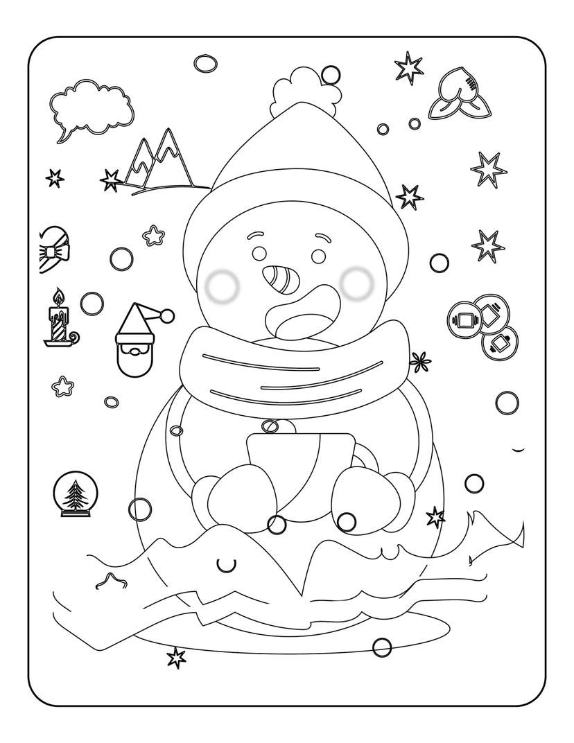 Snowman coloring page featuring a scarf-clad character surrounded by a snow globe, hat, and winter scenery.