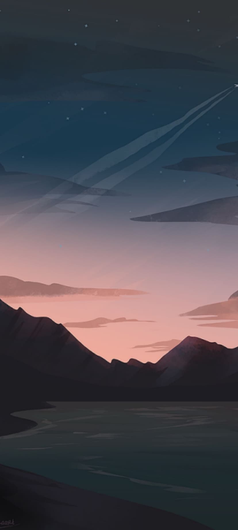 Dark jagged mountains reflect in a calm lake under a pink and blue sunset sky with white airplane contrails.