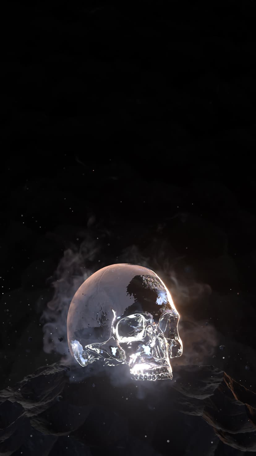 Translucent crystal skull suspended in a dark cosmic void with swirling purple mist and glowing nebula particles.