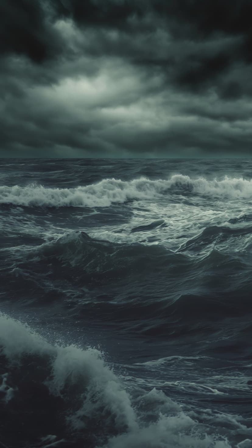 Dark turbulent ocean waves crash with white sea foam under an overcast sky filled with heavy storm clouds.