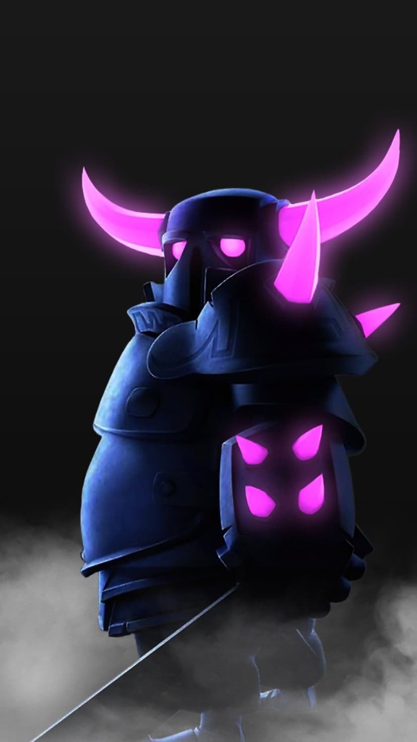 Heavy armored knight with glowing purple horns and eyes emerging from mist against a black background.