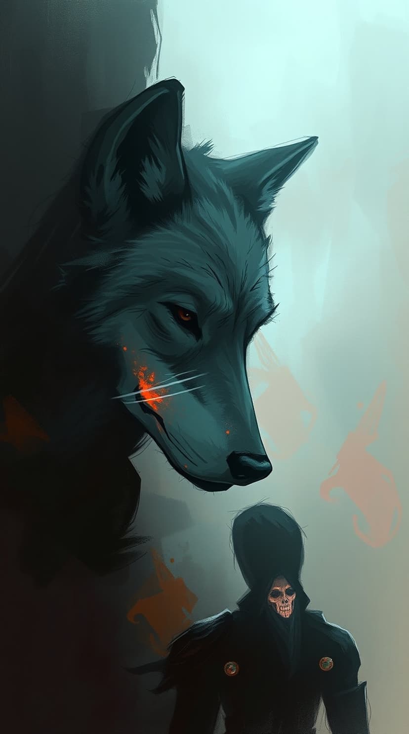 Giant black wolf with red eyes stares at a hooded skeleton amidst floating orange embers and spectral ghosts.