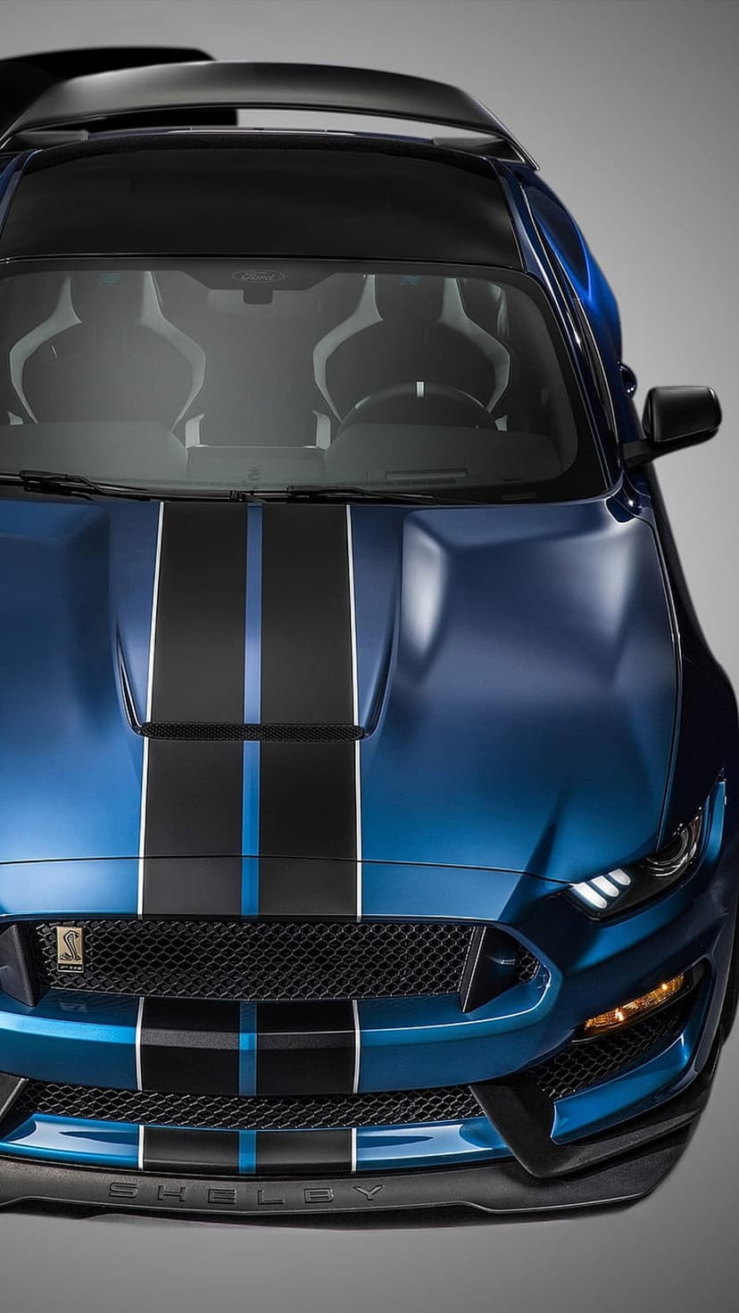 Shelby GT500 Mustang front end with black racing stripes, a chrome cobra badge, and glowing LED headlamps.
