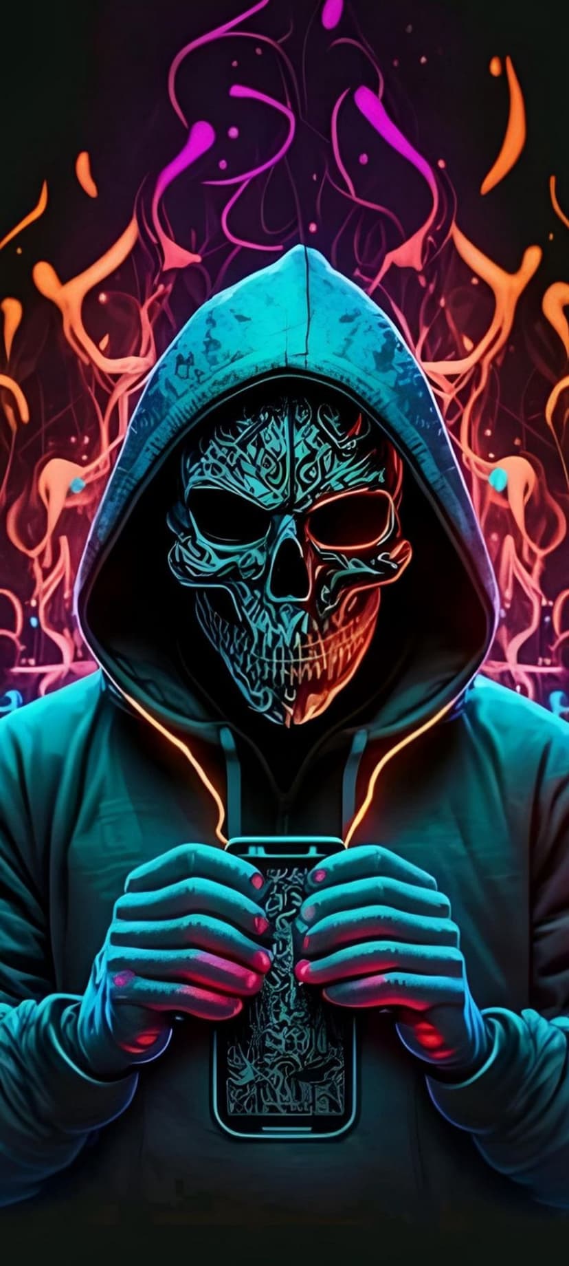 Skull in a blue hoodie holds a glowing smartphone against a backdrop of orange and purple abstract neon flames.