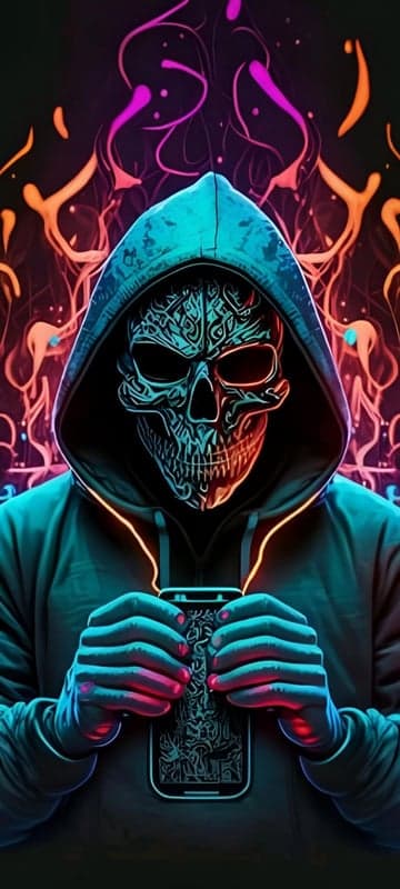 Skull Hoodie Hacker with Glowing Neon Phone