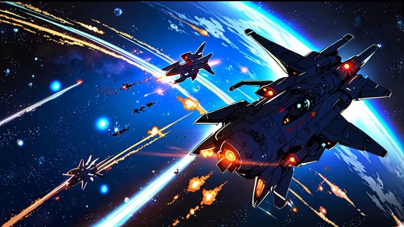 Starfighters maneuver around a massive black spaceship during a planetary battle with bright laser beams.