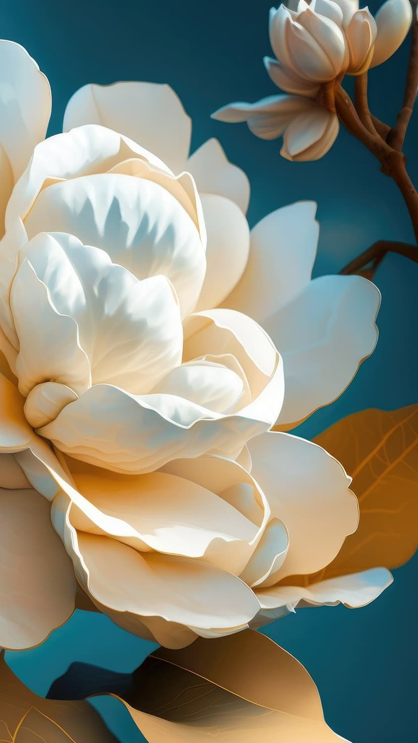 White magnolia flower with sculpted petals blooms against a dark teal background with a small bud and leaves.