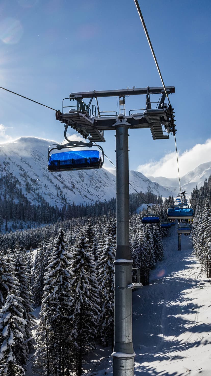 Blue ski lift chairs ascend a snowy mountain ridge lined with frost-covered pine trees under a clear blue sky.