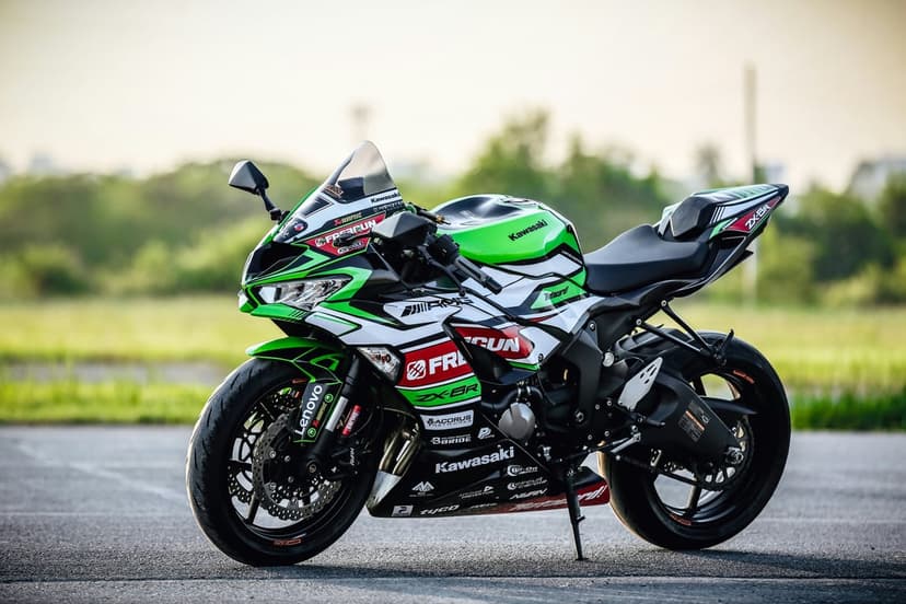 Kawasaki Ninja sportbike with green and white racing livery parked on asphalt against a blurred leafy background.