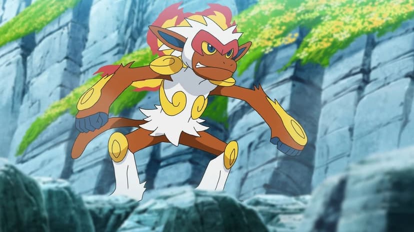 Infernape Pokémon in a fierce battle pose on a rocky cliffside with flames on its head and white chest fur.