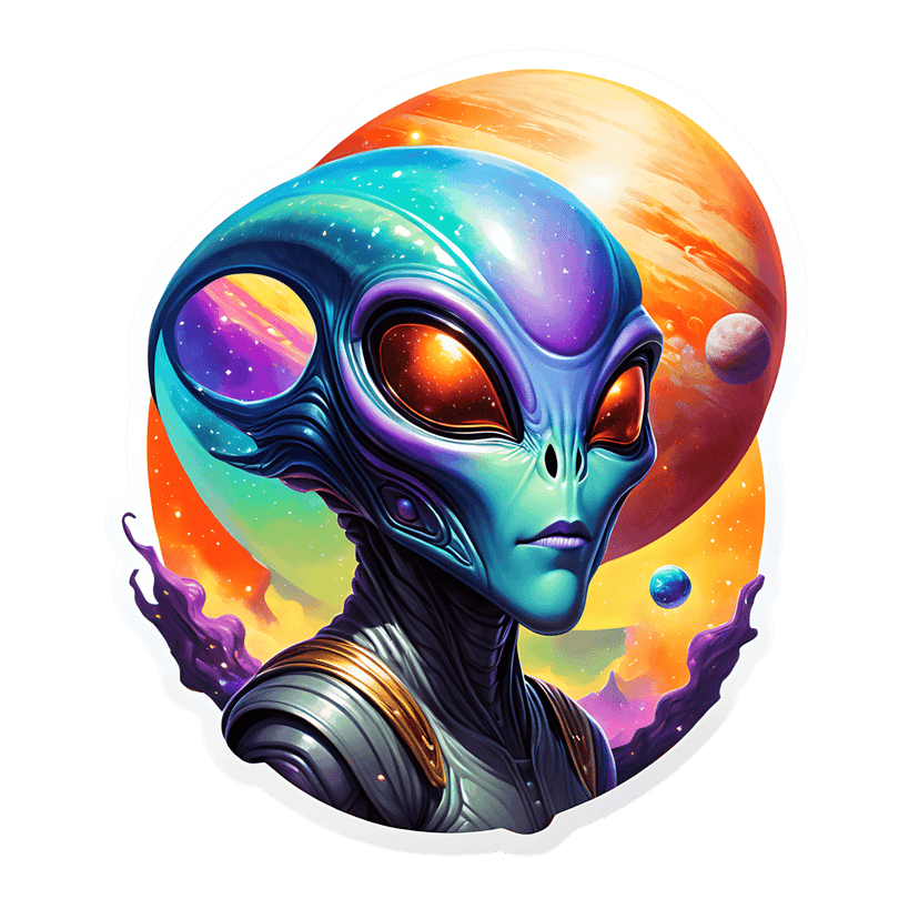 Alien sticker features glowing orange eyes and teal skin against a starry cosmic backdrop with large planets.