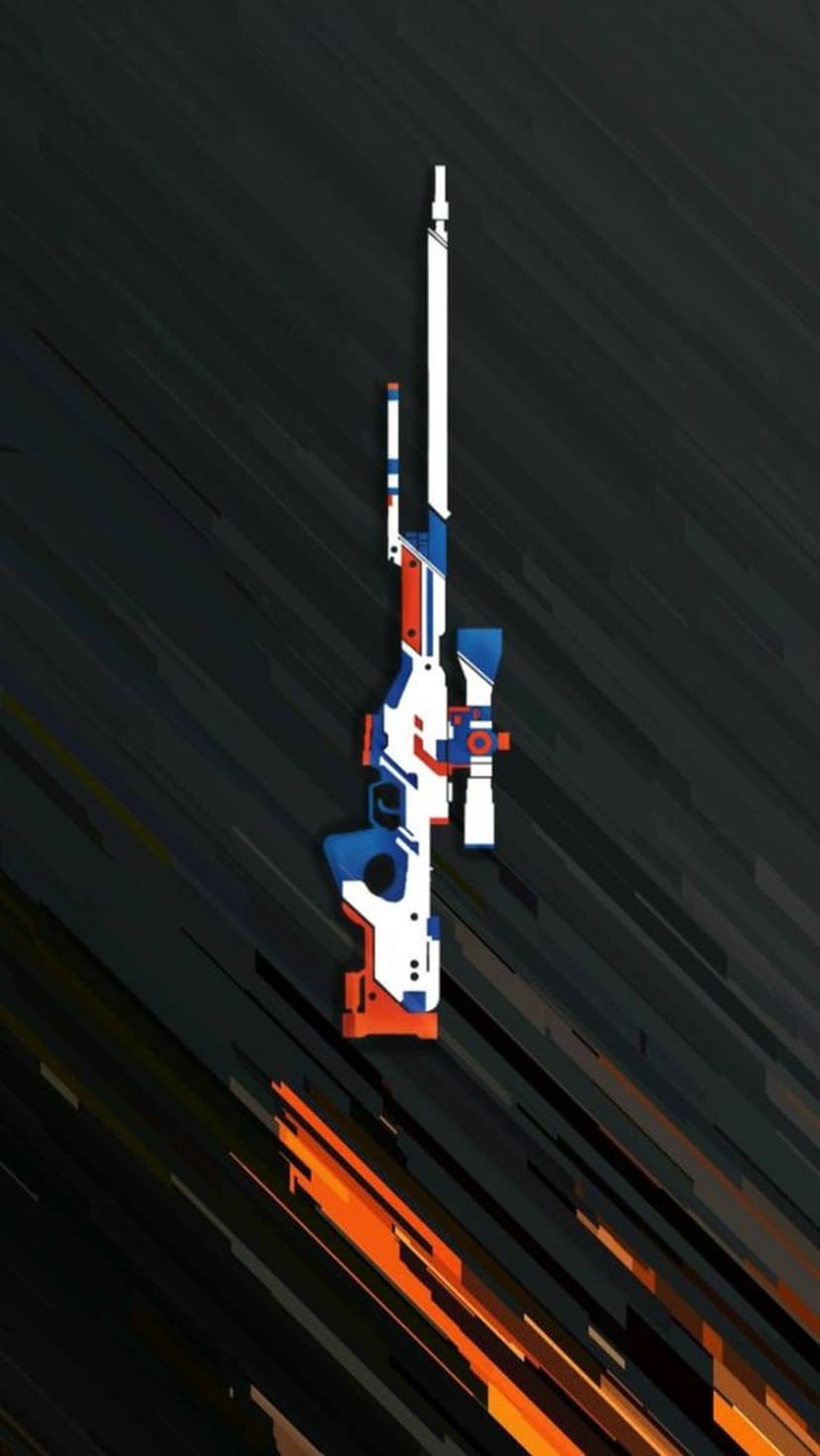Precision rifle featuring red white and blue camouflage against a dark background with orange diagonal lines.