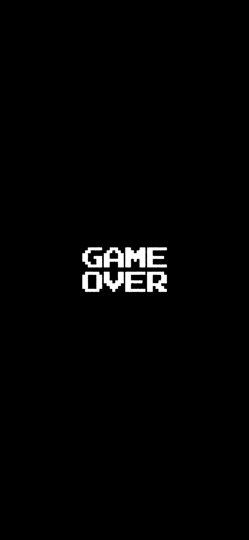 Game Over text in white pixelated font centered against a solid black background for a vertical mobile layout.