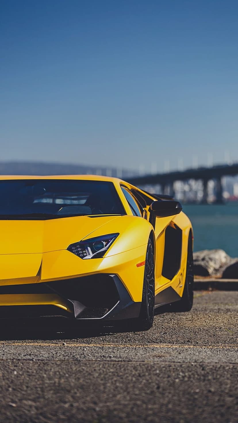 Yellow Lamborghini Aventador parked near a coastal bridge during the day with calm water in the background.