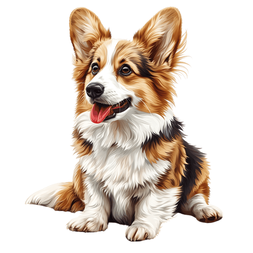 Tricolor Corgi puppy sitting upright with its tongue out, showing detailed tan, black, and white fur textures.