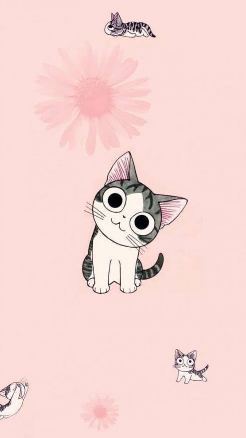 Small white kittens sit beside a large pink blossom against a solid monochromatic light pink background.