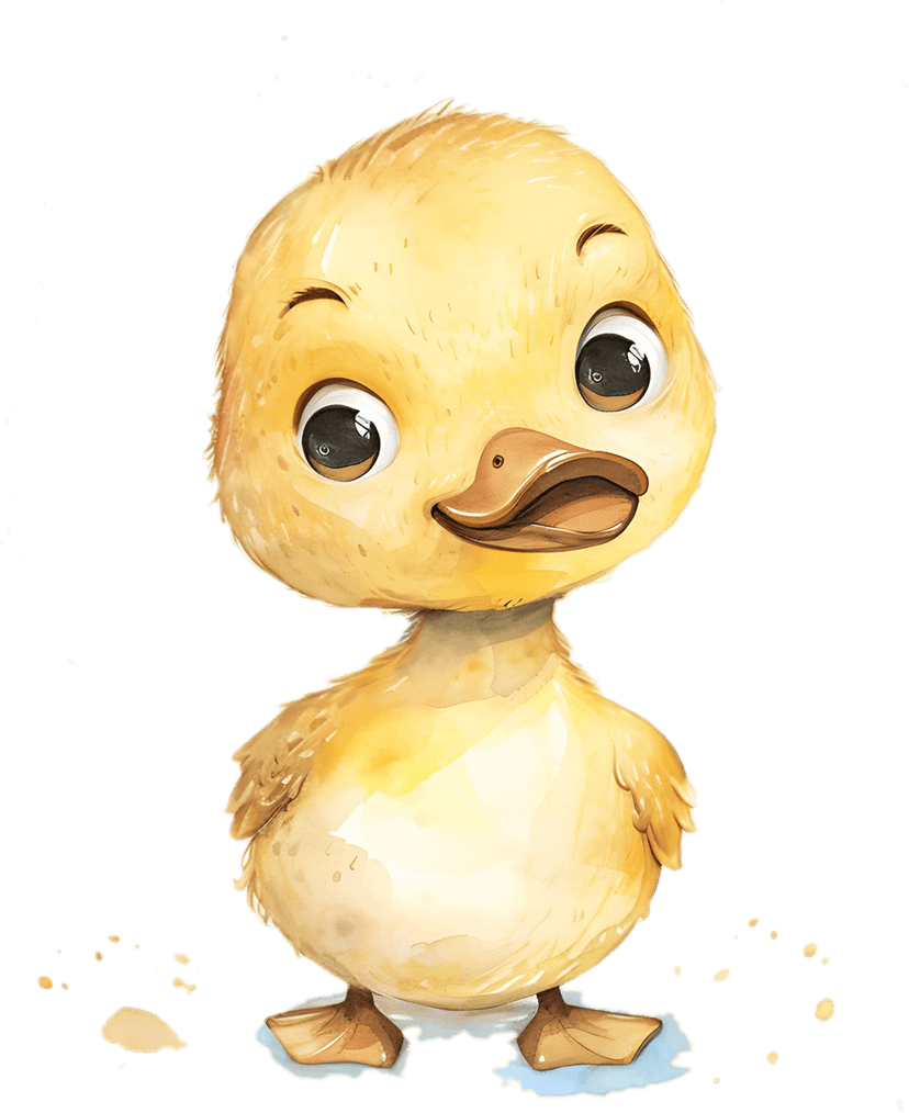 Yellow duckling watercolor portrait with soft feathers and brown beak isolated on a solid black background.