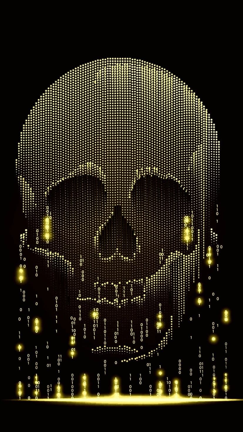 Yellow dotted skull with descending binary code sequences against a black void for a vertical layout.