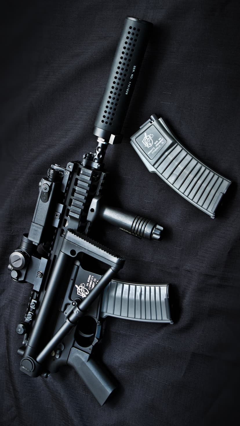 Black assault rifle with suppressor and magazines positioned on dark fabric under moody indoor lighting.