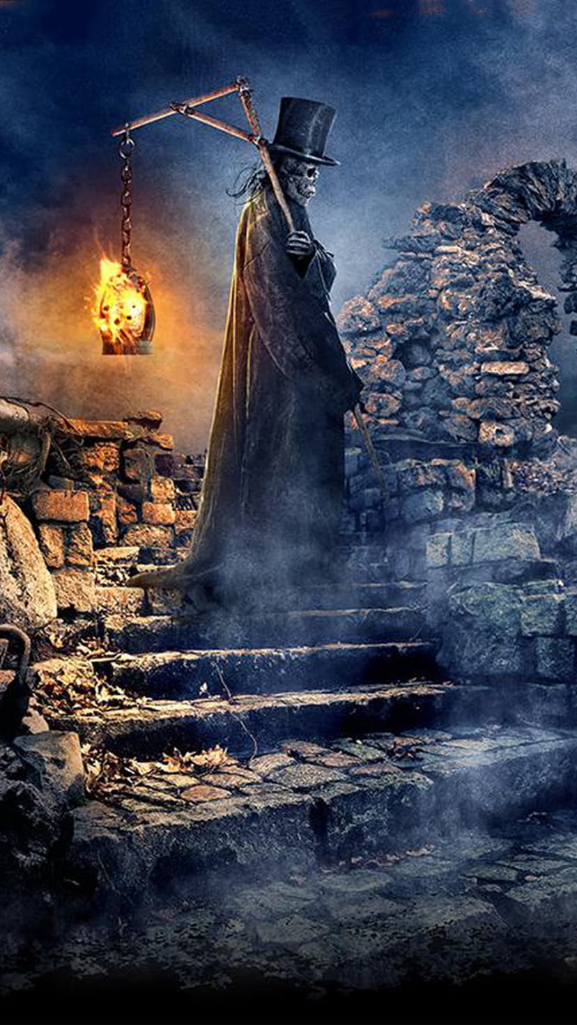 Grim Reaper in a top hat holds a glowing lantern while standing on crumbling stone steps amid thick fog.