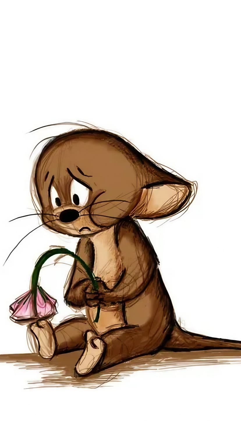Jerry the mouse sits dejected while holding a wilted pink flower with large expressive eyes and drooping ears.