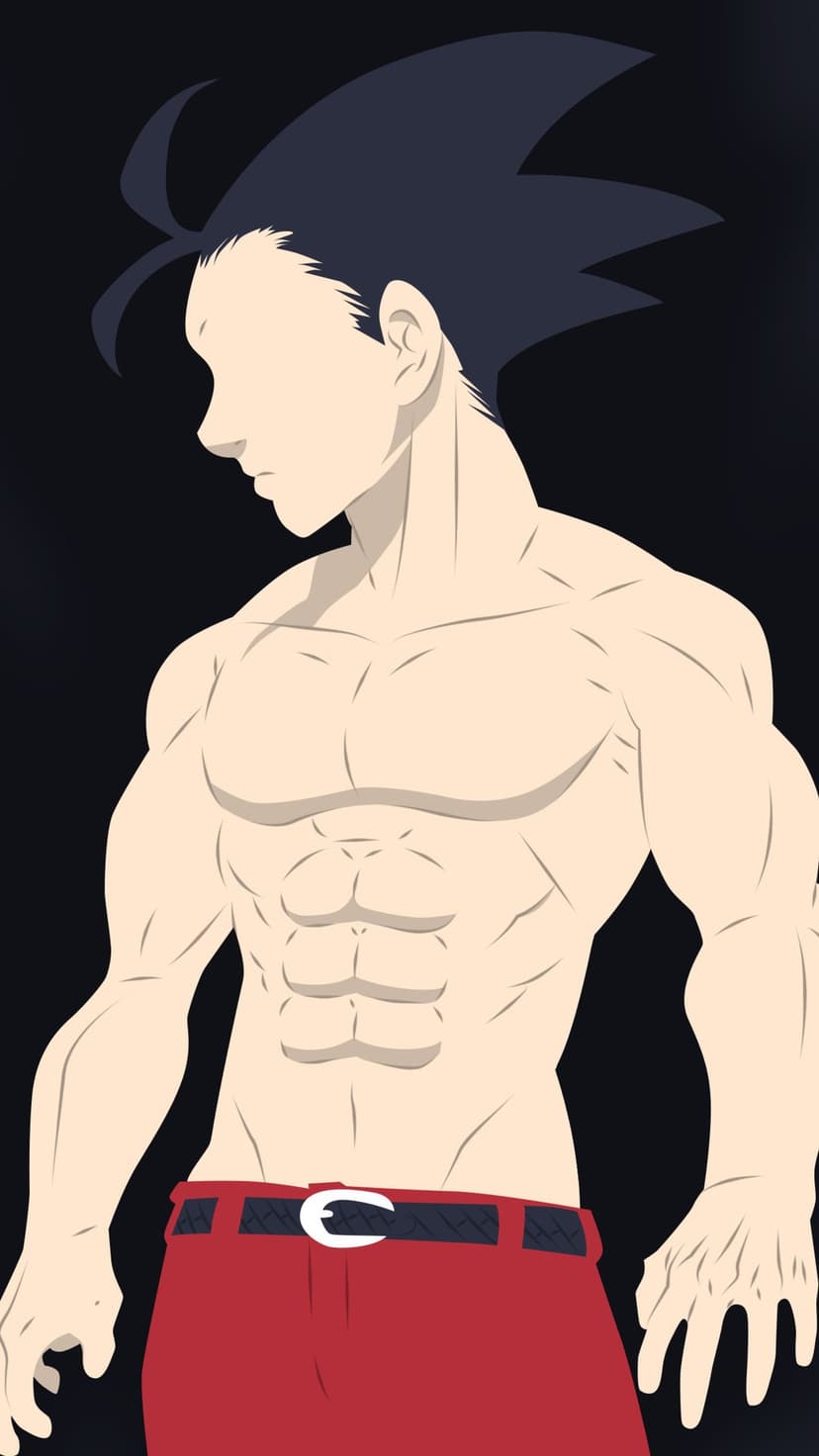 Zeldris stands shirtless with a defined muscular torso and spiky black hair against a deep black background.