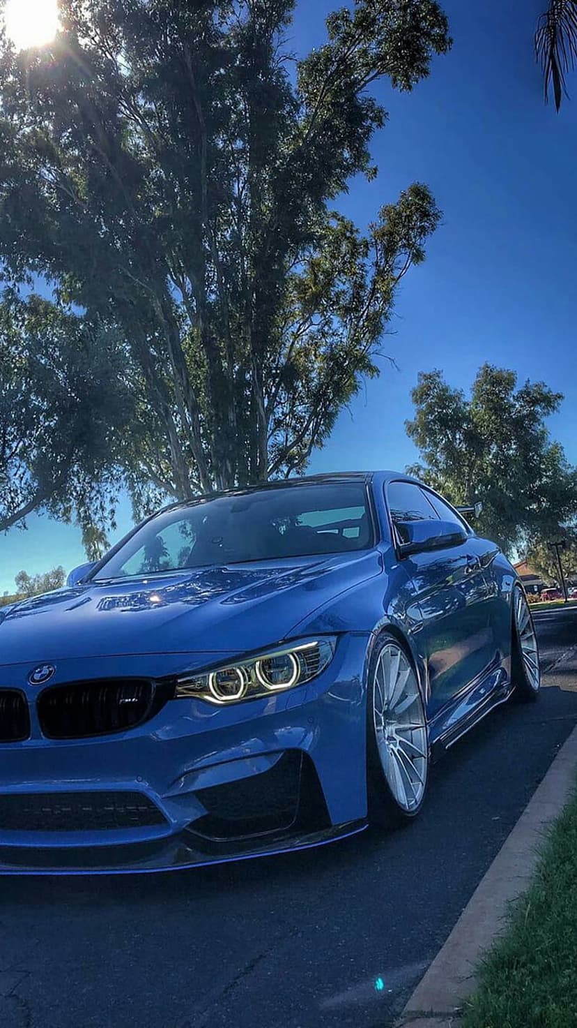 Blue BMW M4 Coupe parked on asphalt under sunlit trees with shadows falling across its metallic paint and wheels.