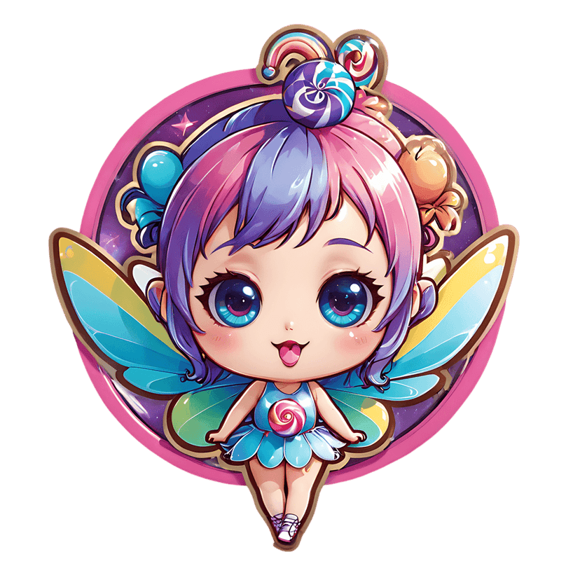 Chibi fairy sticker with pink hair and rainbow wings sits inside a gold circular frame on a starry background.