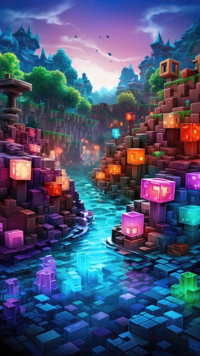 Neon Voxel River Fantasy Landscape Phone Wallpaper