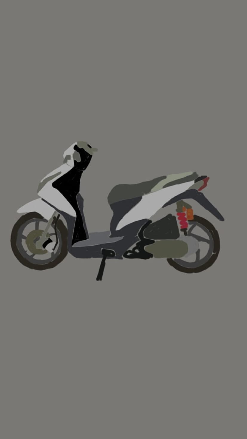 White motor scooter with red shock absorbers and black handlebars stands against a plain light gray background.